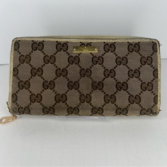 🤎GUCCI Monogram Metal Bar Zip Around Long Wallet Beige Ebony Off White!!🤎 - Picture 1 of 16
